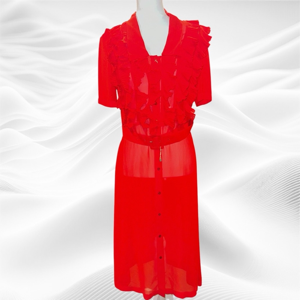 Commission Sheer Red Ruffle Shirt Dress MIDI Size 6 Made in‎ USA